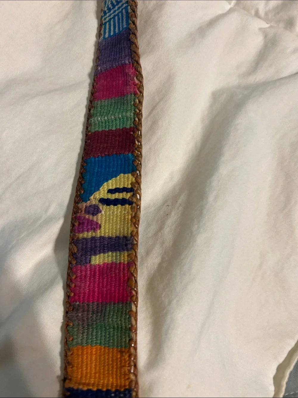 Vintage Mexico brown Leather Belt with Multicolor Woven Accent
